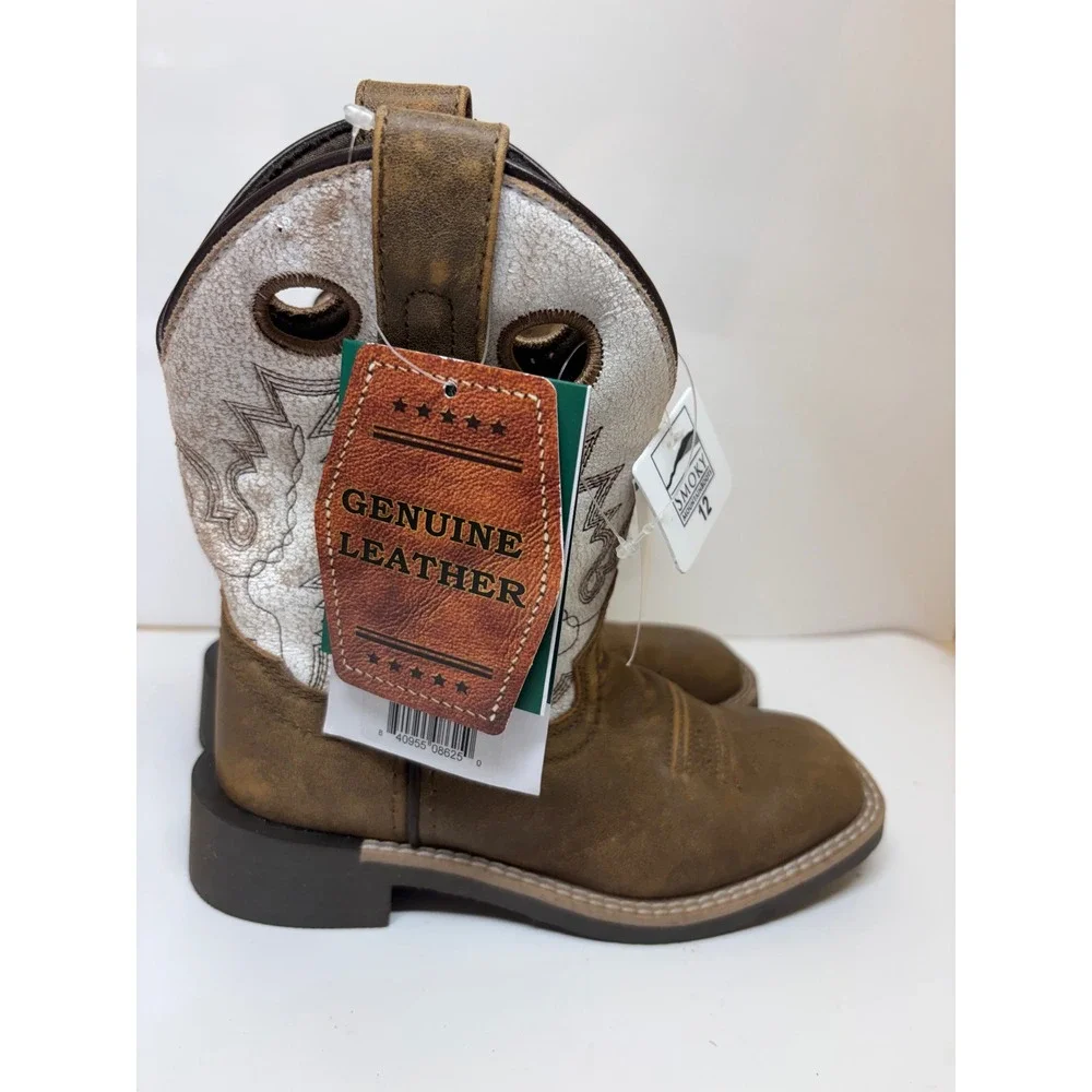 Smoky Mountain Kids Brown Leather Cream Embroidered Cowboy Boots 3108C Size 12 R